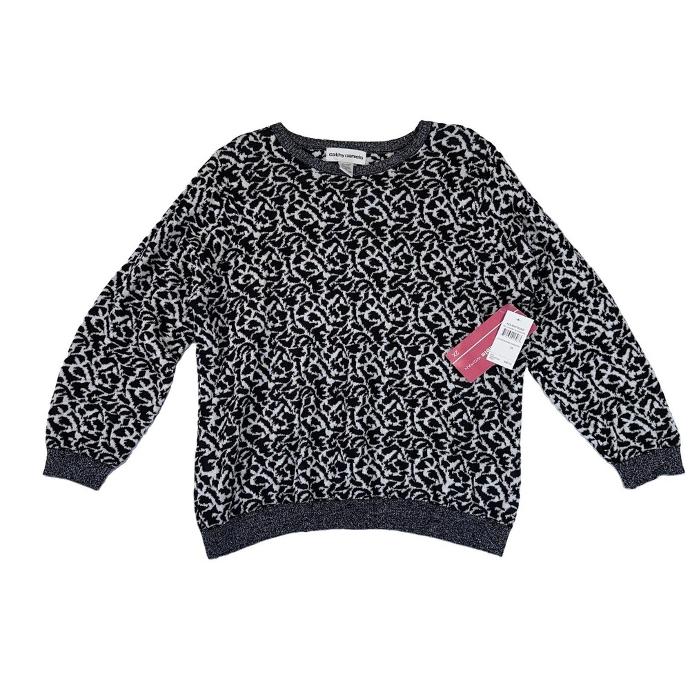 NWT Cathy Daniels Holiday Bling Sweater 2X Black Silver Jacquard Metallic Rose